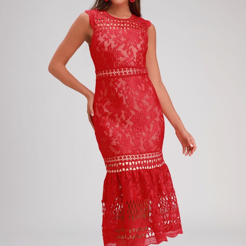 Lulu’s Charles Red Lace Sleeveless Midi Dress